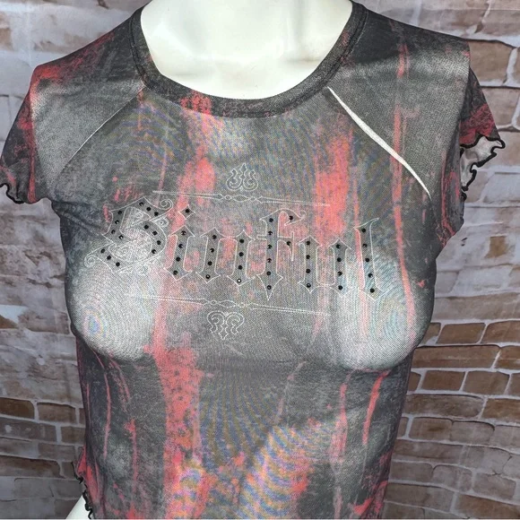 Sinful By Affliction Angel Wings Sheer Short Sleeve Crop Top - NWT - Picture 5 of 12